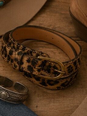 NWT Luxe Leopard Print Faux Leather Belt Antique Gold Studded Buckle